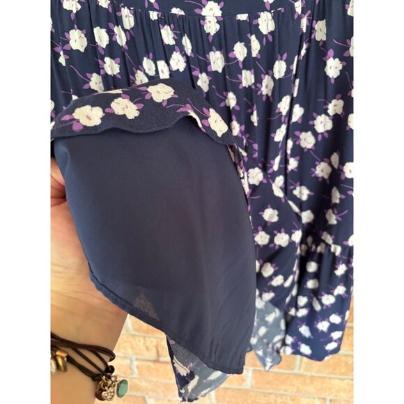 J. Crew Navy Blue Floral Print Long Sleeve Tiered Mini Dress - Picture 16 of 16